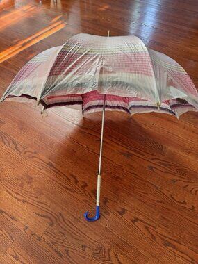 VTG 70s Pink Plaid Umbrella Plastic Canopy Blue Curve Handle